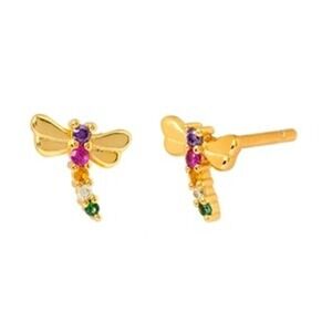 Gold Dragonfly Stud‎ Earrings 925 Sterling Silver Colorful Cubic Zirconia CZ